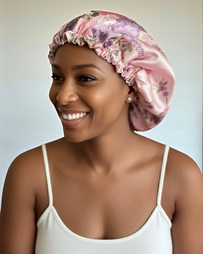 Adjustable Double-Layered Satin Silk Bonnet – Pink Floral Reversible Sleep Cap for Hair Protection - Fatisha Boutique #