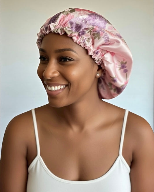 Adjustable Double-Layered Satin Silk Bonnet – Pink Floral Reversible Sleep Cap for Hair Protection - Fatisha Boutique #