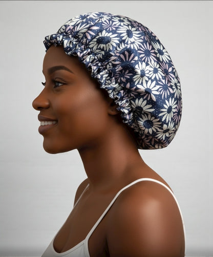 Adjustable Double-Layered Satin Silk Bonnet Cap – Reversible Blue Floral Sleep Cap for Hair Protection - Fatisha Boutique #