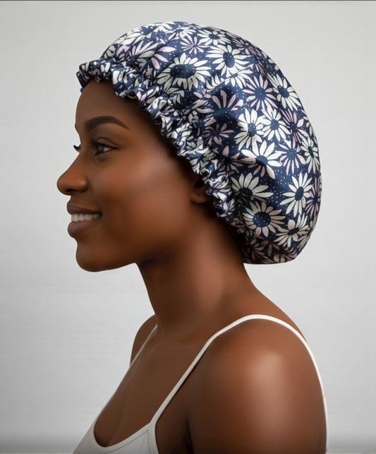 Adjustable Double-Layered Satin Silk Bonnet Cap – Reversible Blue Floral Sleep Cap for Hair Protection - Fatisha Boutique #