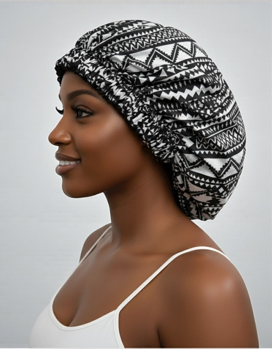 Double-Layered Ankara Satin Silk Bonnet Cap –Reversible Sleep Cap for Braids & Natural Hair Protection - Fatisha Boutique #