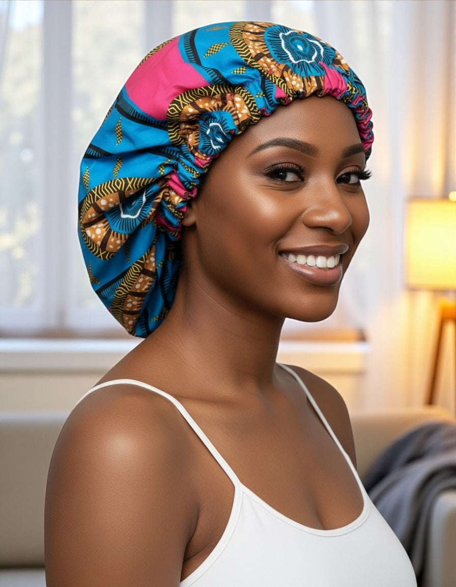 Double-Layered Ankara Satin Silk Reversible Bonnet Cap – African Print Sleep Hat for Braids & Natural Hair - Fatisha Boutique #