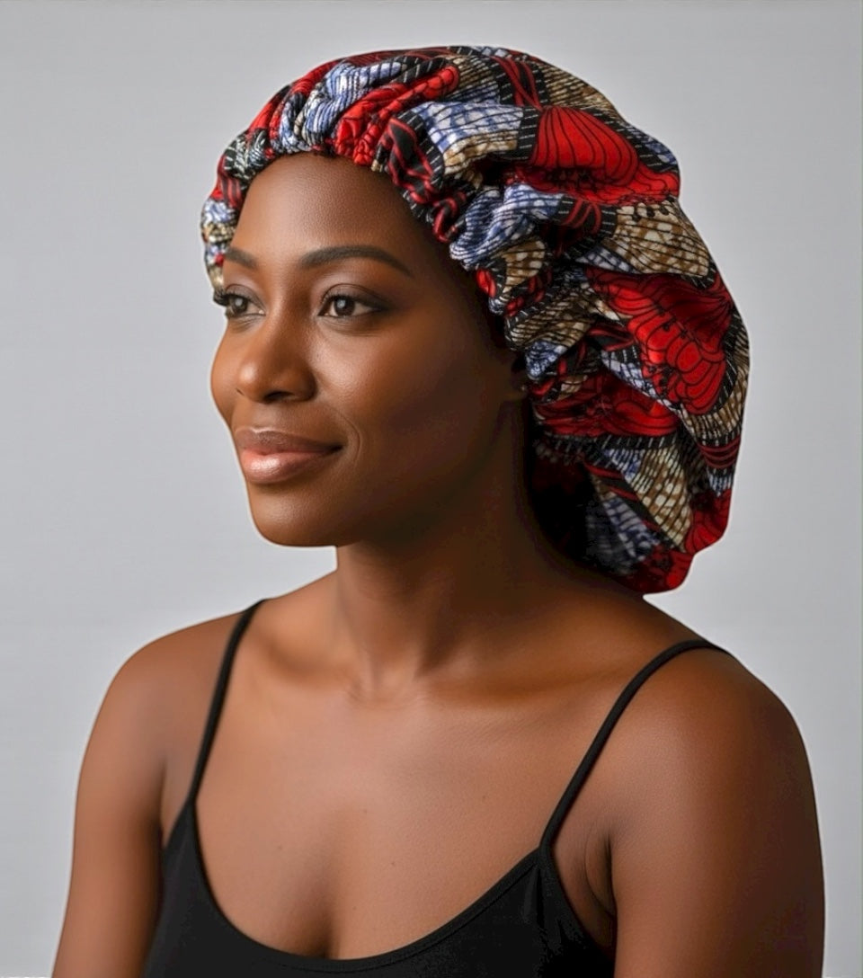 Double-Layered Ankara Satin Silk Bonnet Cap – Reversible Hair Protection for Braids & Natural Hair - Fatisha Boutique #