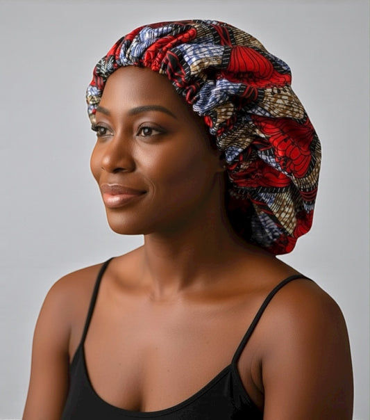 Double-Layered Ankara Satin Silk Bonnet Cap – Reversible Hair Protection for Braids & Natural Hair - Fatisha Boutique #