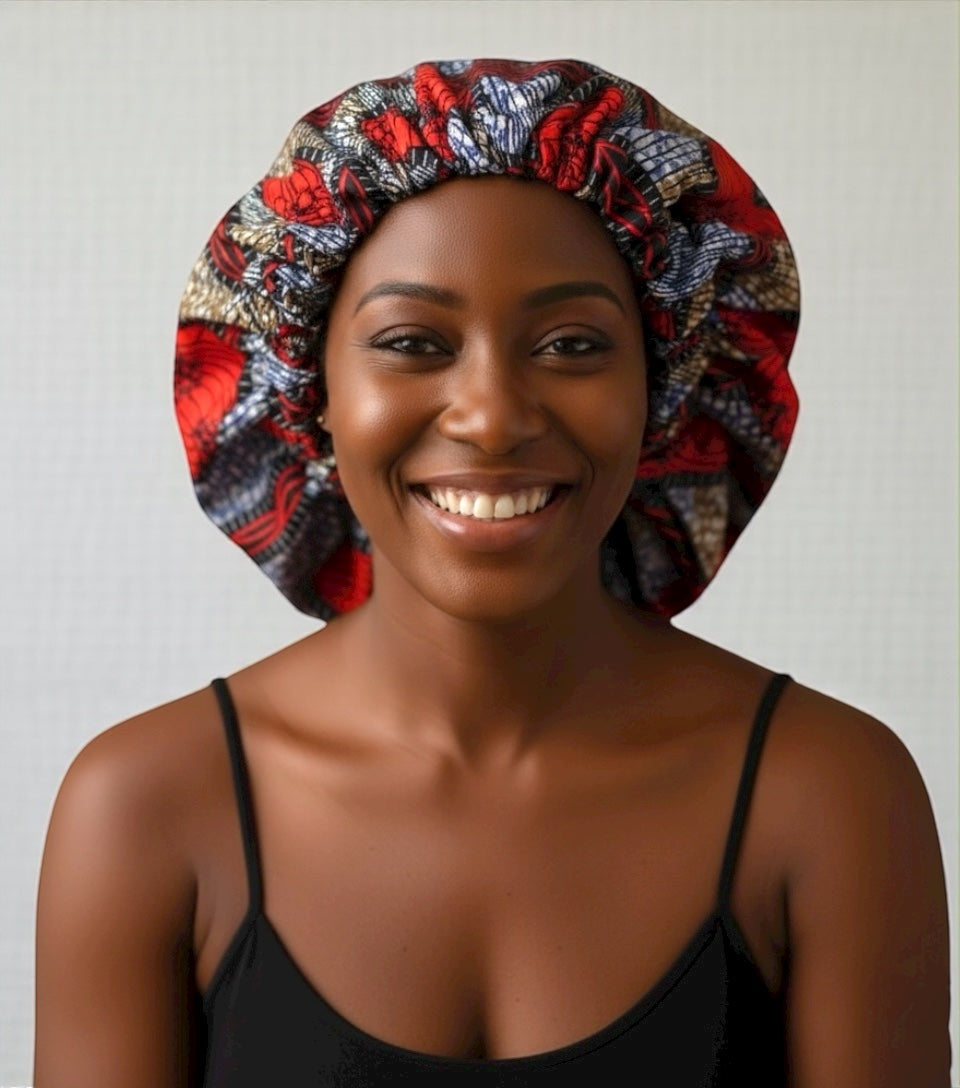 Double-Layered Ankara Satin Silk Bonnet Cap – Reversible Hair Protection for Braids & Natural Hair - Fatisha Boutique #
