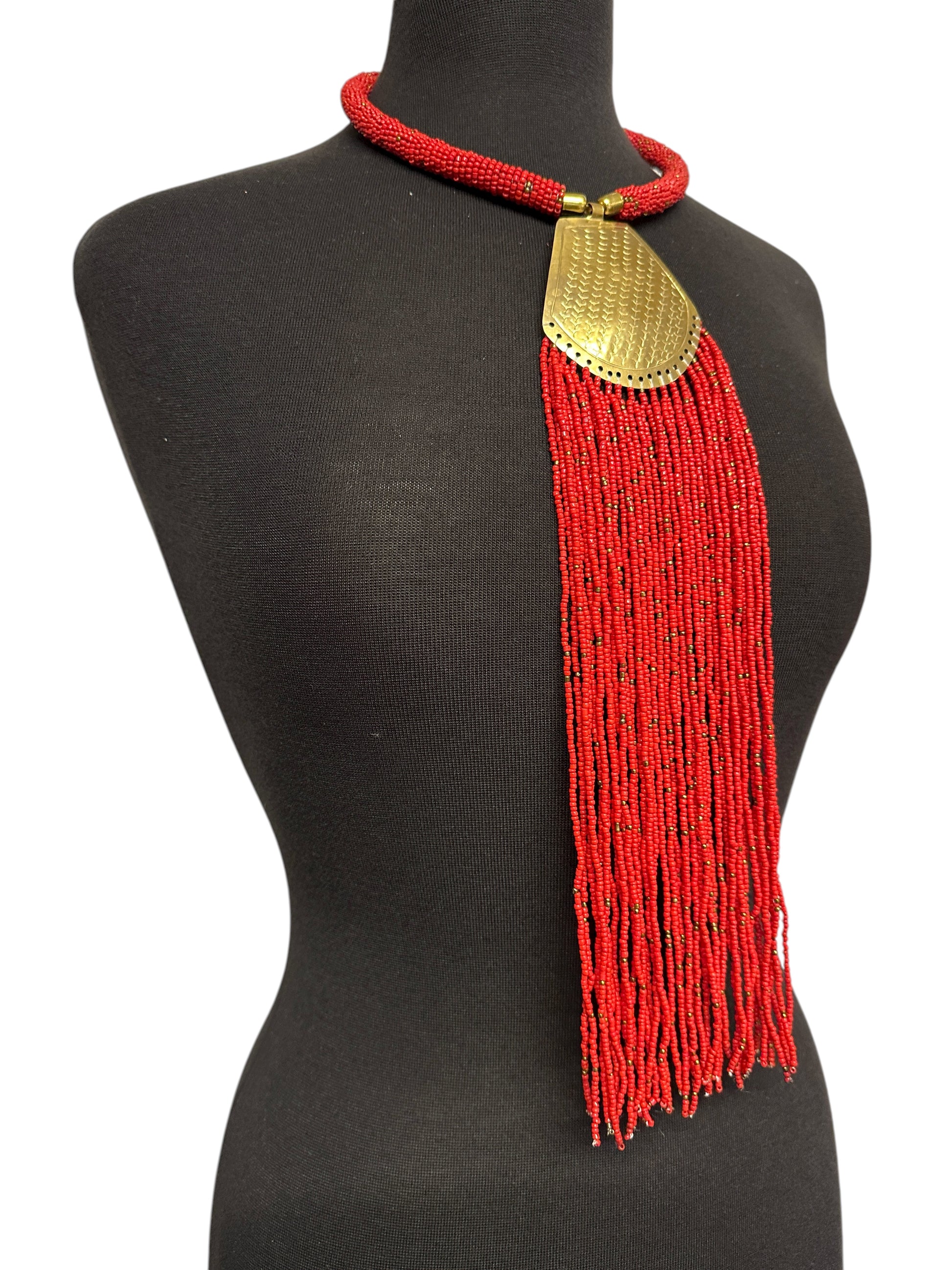 Long African Brass Pendant Necklace with Red Beaded Fringe – Handmade Statement Tribal Jewellery - Fatisha Boutique #
