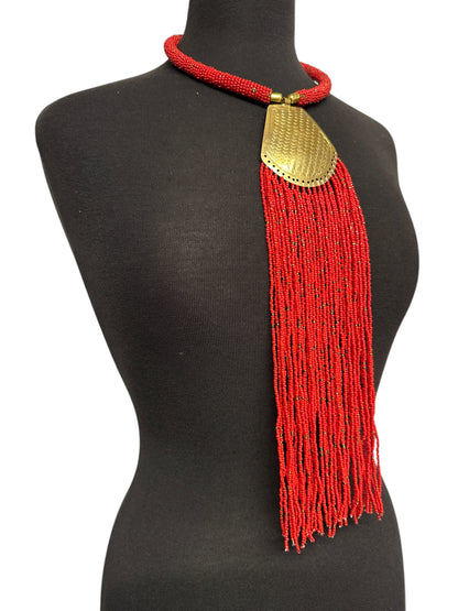 Long African Brass Pendant Necklace with Red Beaded Fringe – Handmade Statement Tribal Jewellery - Fatisha Boutique #