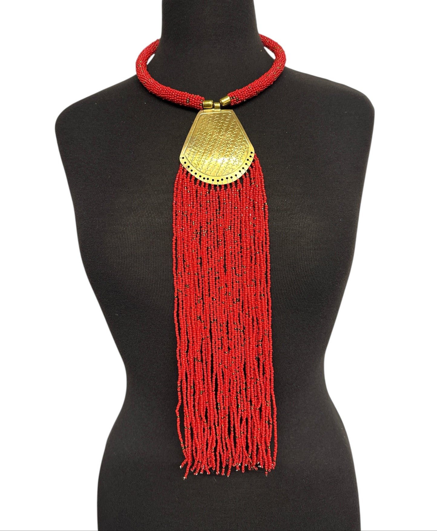 Long African Brass Pendant Necklace with Red Beaded Fringe – Handmade Statement Tribal Jewellery - Fatisha Boutique #