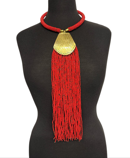 Long African Brass Pendant Necklace with Red Beaded Fringe – Handmade Statement Tribal Jewellery - Fatisha Boutique #