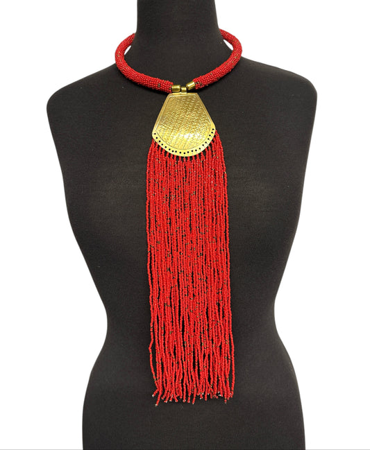Long African Brass Pendant Necklace with Red Beaded Fringe – Handmade Statement Tribal Jewellery - Fatisha Boutique #