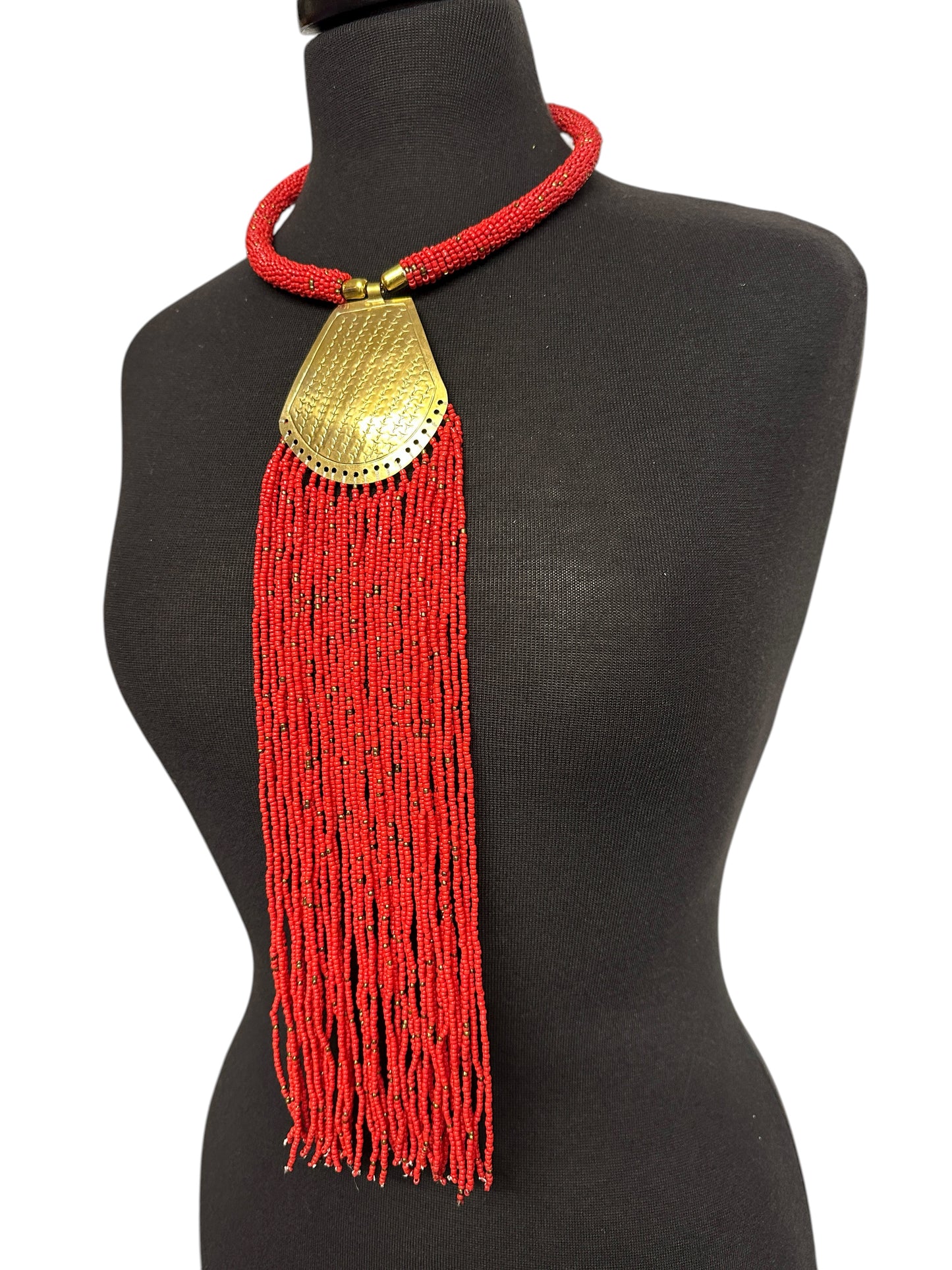 Long African Brass Pendant Necklace with Red Beaded Fringe – Handmade Statement Tribal Jewellery - Fatisha Boutique #