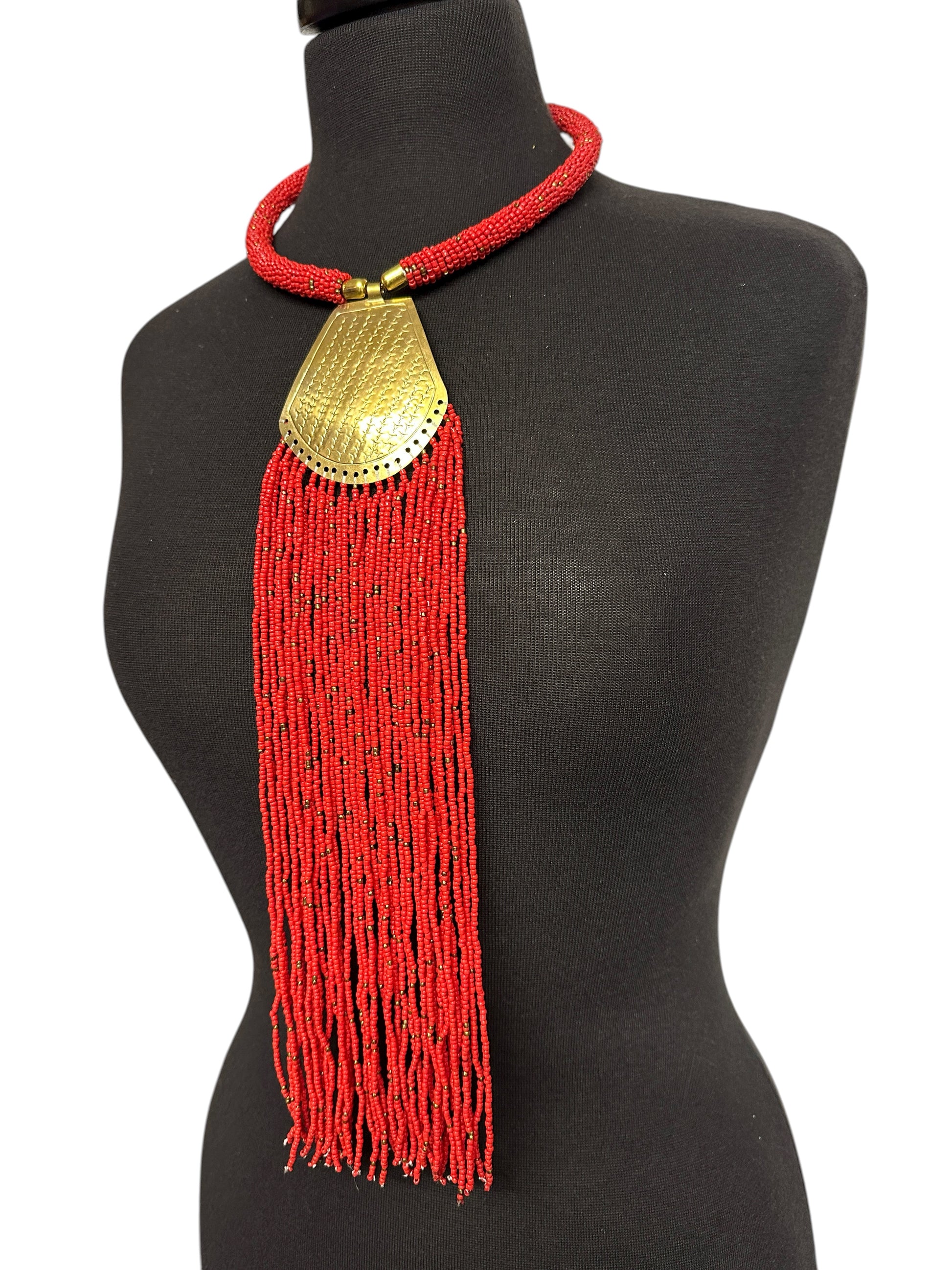Long African Brass Pendant Necklace with Red Beaded Fringe – Handmade Statement Tribal Jewellery - Fatisha Boutique #