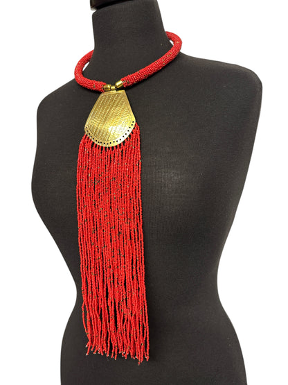 Long African Brass Pendant Necklace with Red Beaded Fringe – Handmade Statement Tribal Jewellery - Fatisha Boutique #