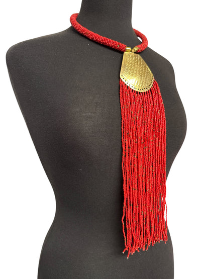 Long African Brass Pendant Necklace with Red Beaded Fringe – Handmade Statement Tribal Jewellery - Fatisha Boutique #