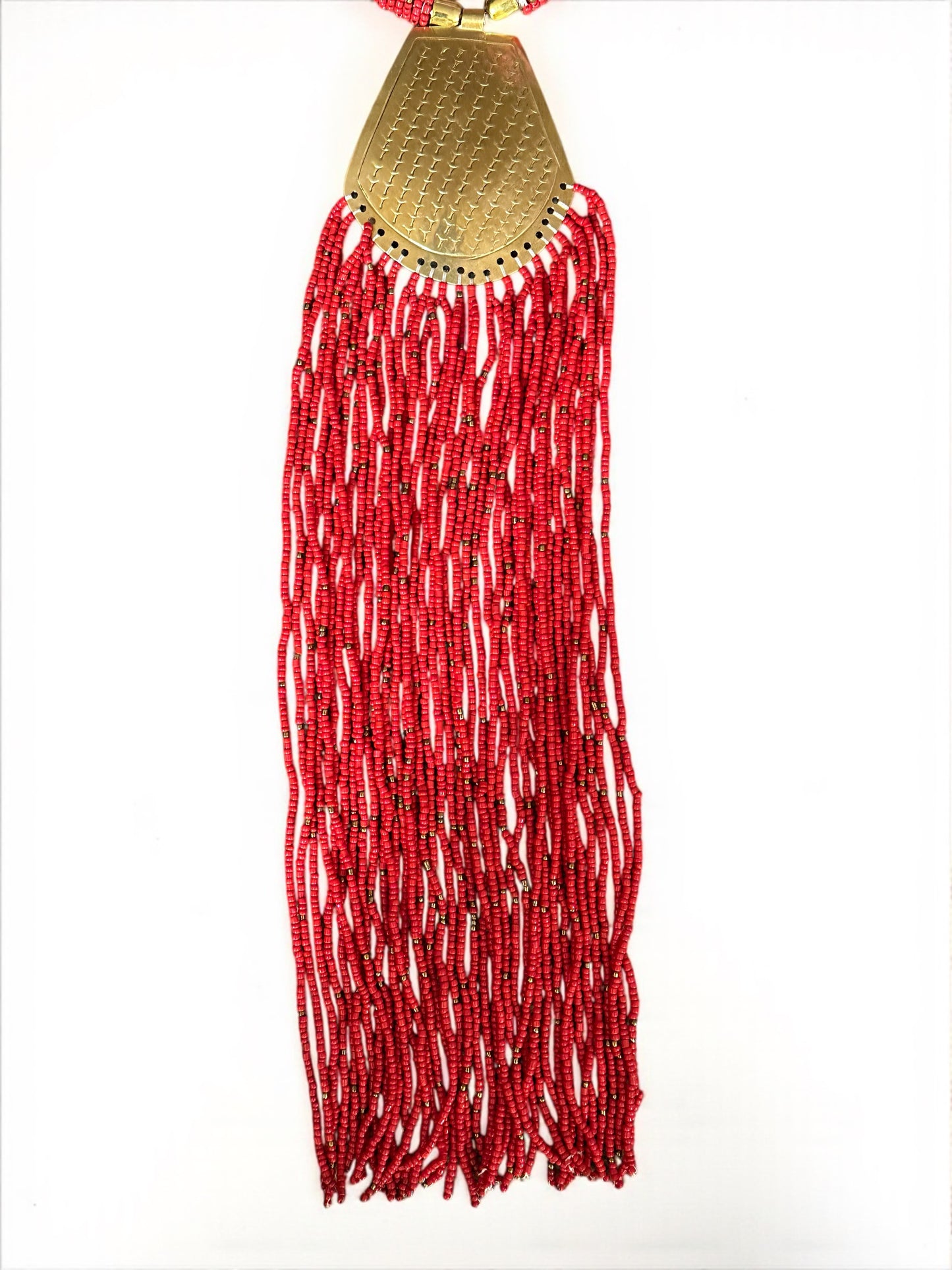 Long African Brass Pendant Necklace with Red Beaded Fringe – Handmade Statement Tribal Jewellery - Fatisha Boutique #