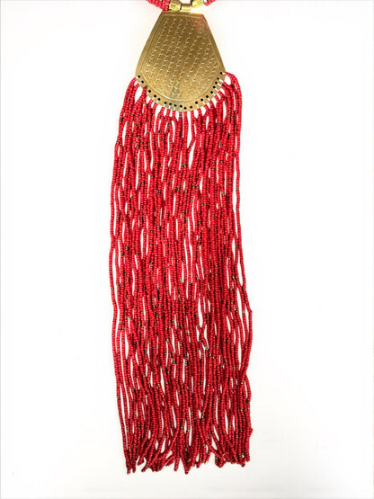 Long African Brass Pendant Necklace with Red Beaded Fringe – Handmade Statement Tribal Jewellery - Fatisha Boutique #