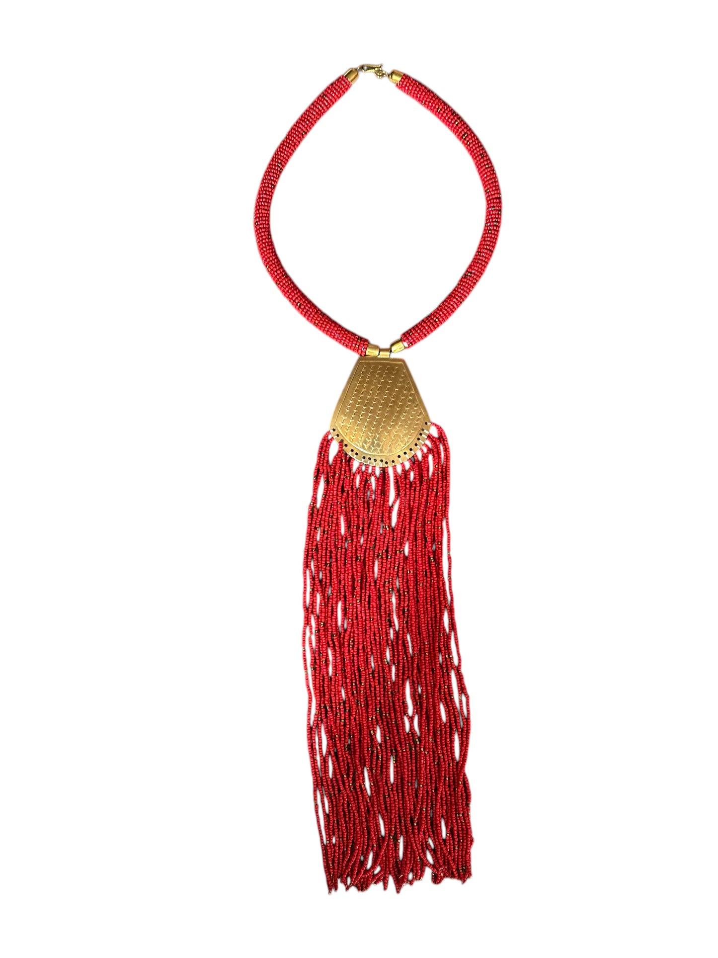 Long African Brass Pendant Necklace with Red Beaded Fringe – Handmade Statement Tribal Jewellery - Fatisha Boutique #