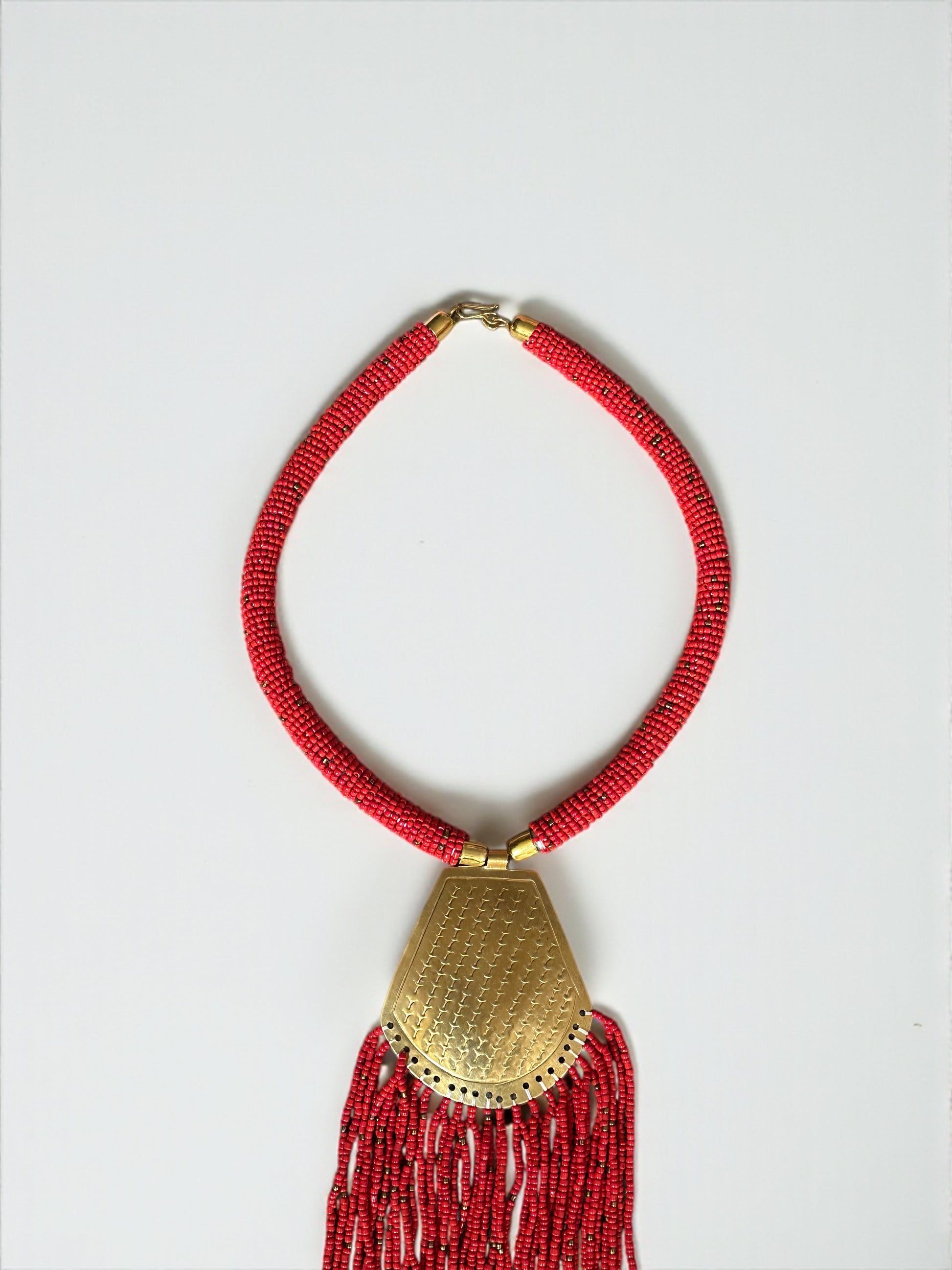 Long African Brass Pendant Necklace with Red Beaded Fringe – Handmade Statement Tribal Jewellery - Fatisha Boutique #