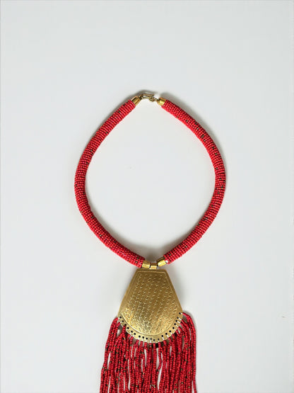 Long African Brass Pendant Necklace with Red Beaded Fringe – Handmade Statement Tribal Jewellery - Fatisha Boutique #