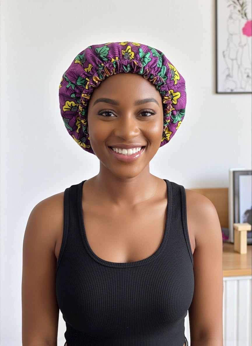 Adjustable Reversible Satin Bonnet – Purple Double-Layered Silk Cap for Hair Protection - Fatisha Boutique #