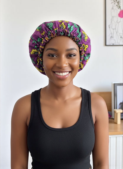 Adjustable Reversible Satin Bonnet – Purple Double-Layered Silk Cap for Hair Protection - Fatisha Boutique #