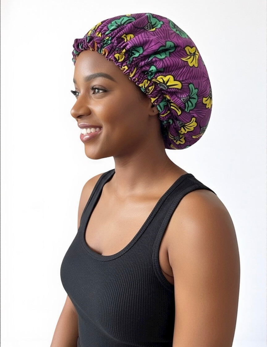 Adjustable Reversible Satin Bonnet – Purple Double-Layered Silk Cap for Hair Protection - Fatisha Boutique #