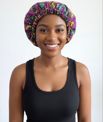 Adjustable Reversible Satin Bonnet – Purple Double-Layered Silk Cap for Hair Protection - Fatisha Boutique #