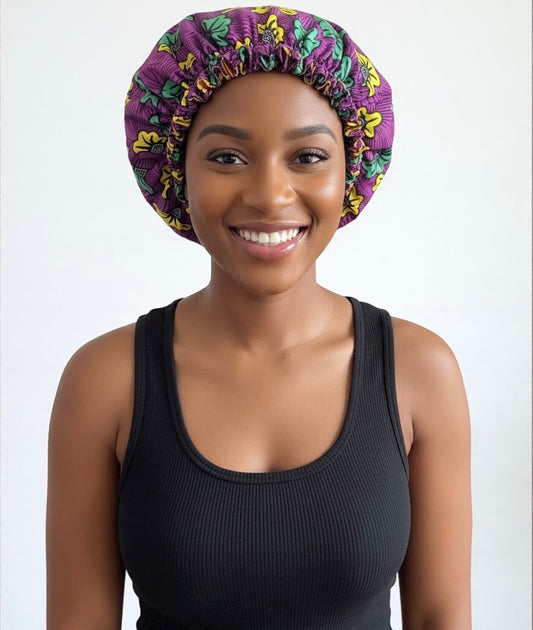 Adjustable Reversible Satin Bonnet – Purple Double-Layered Silk Cap for Hair Protection - Fatisha Boutique #