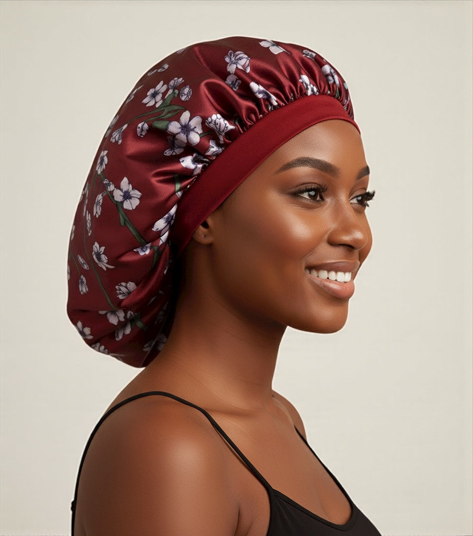 Floral Satin Silk Bonnet – Breathable, Anti-Frizz Hair Cap for Curly & Natural Hair - Fatisha Boutique #