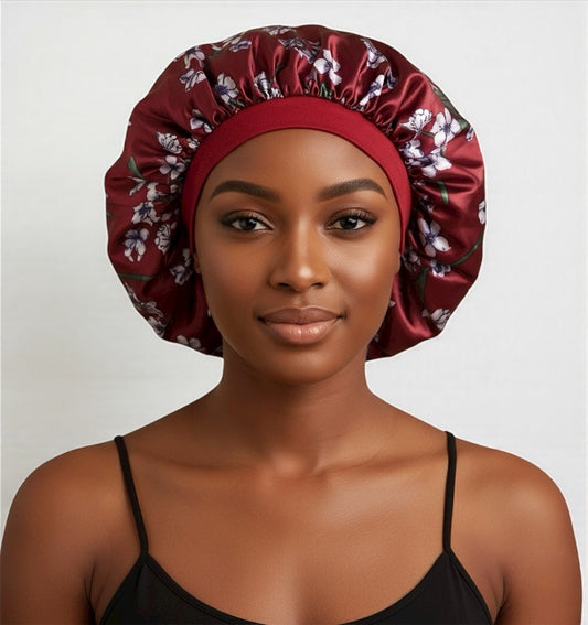 Floral Satin Silk Bonnet – Breathable, Anti-Frizz Hair Cap for Curly & Natural Hair - Fatisha Boutique #