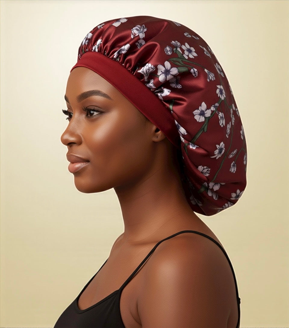 Floral Satin Silk Bonnet – Breathable, Anti-Frizz Hair Cap for Curly & Natural Hair - Fatisha Boutique #