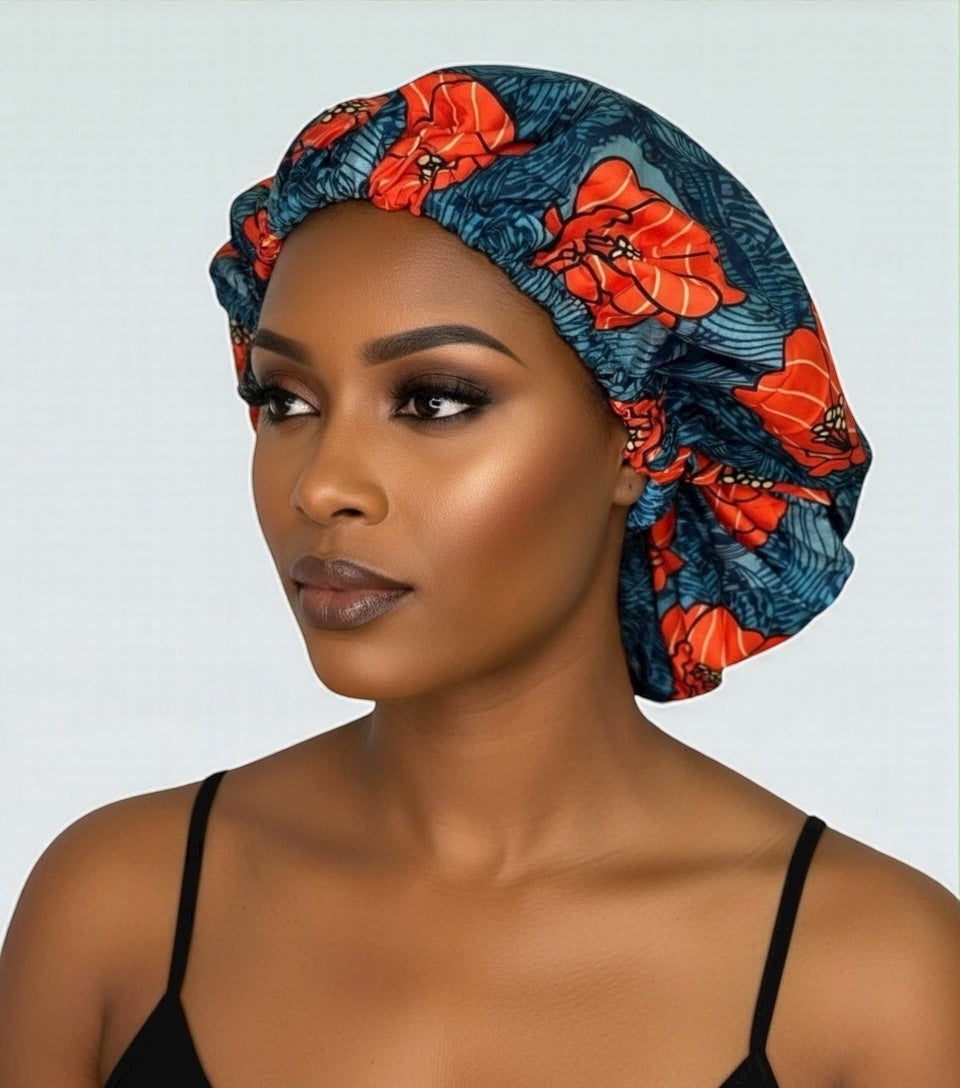 Double-Layered Ankara Satin Bonnet – Reversible Silk Sleep Cap for Natural Hair - Fatisha Boutique #