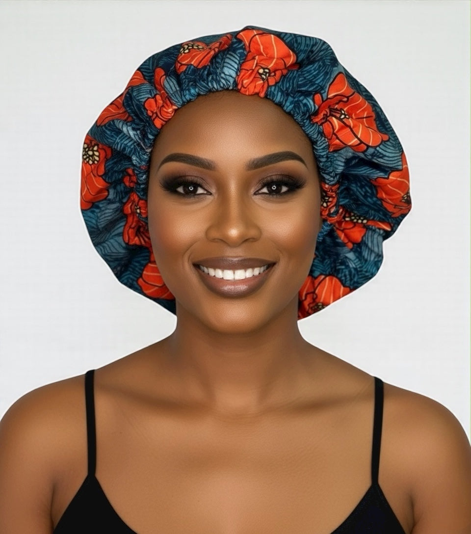 Double-Layered Ankara Satin Bonnet – Reversible Silk Sleep Cap for Natural Hair - Fatisha Boutique #