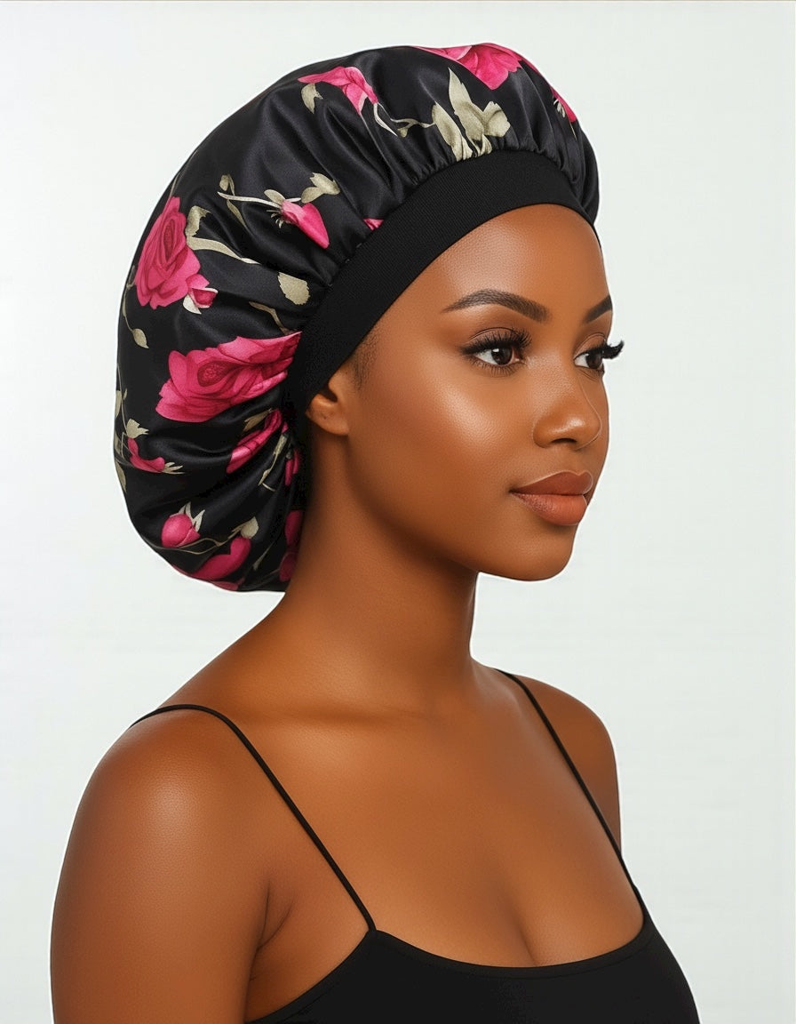 Floral Satin Silk Bonnet – Breathable, Anti-Frizz Hair Cap for Curly & Natural Hair - Fatisha Boutique #
