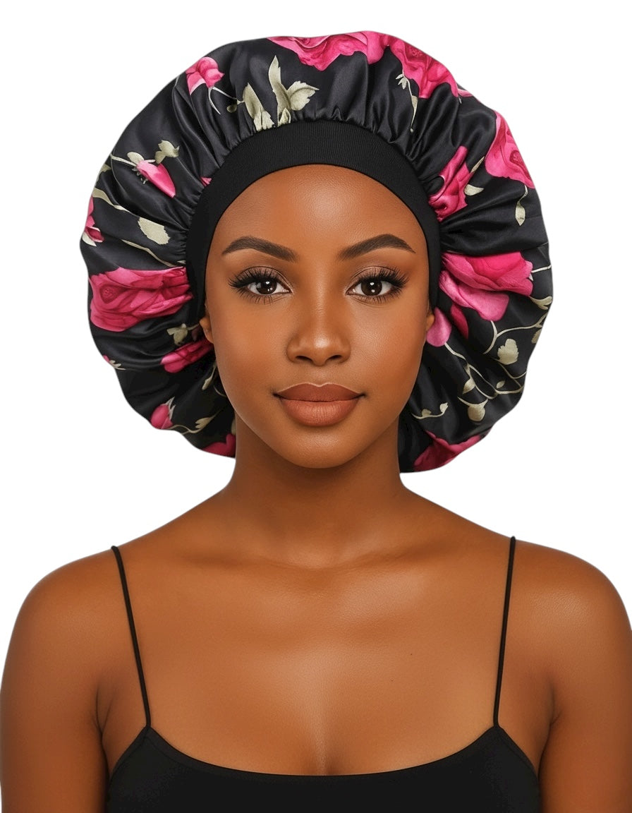 Floral Satin Silk Bonnet – Breathable, Anti-Frizz Hair Cap for Curly & Natural Hair - Fatisha Boutique #