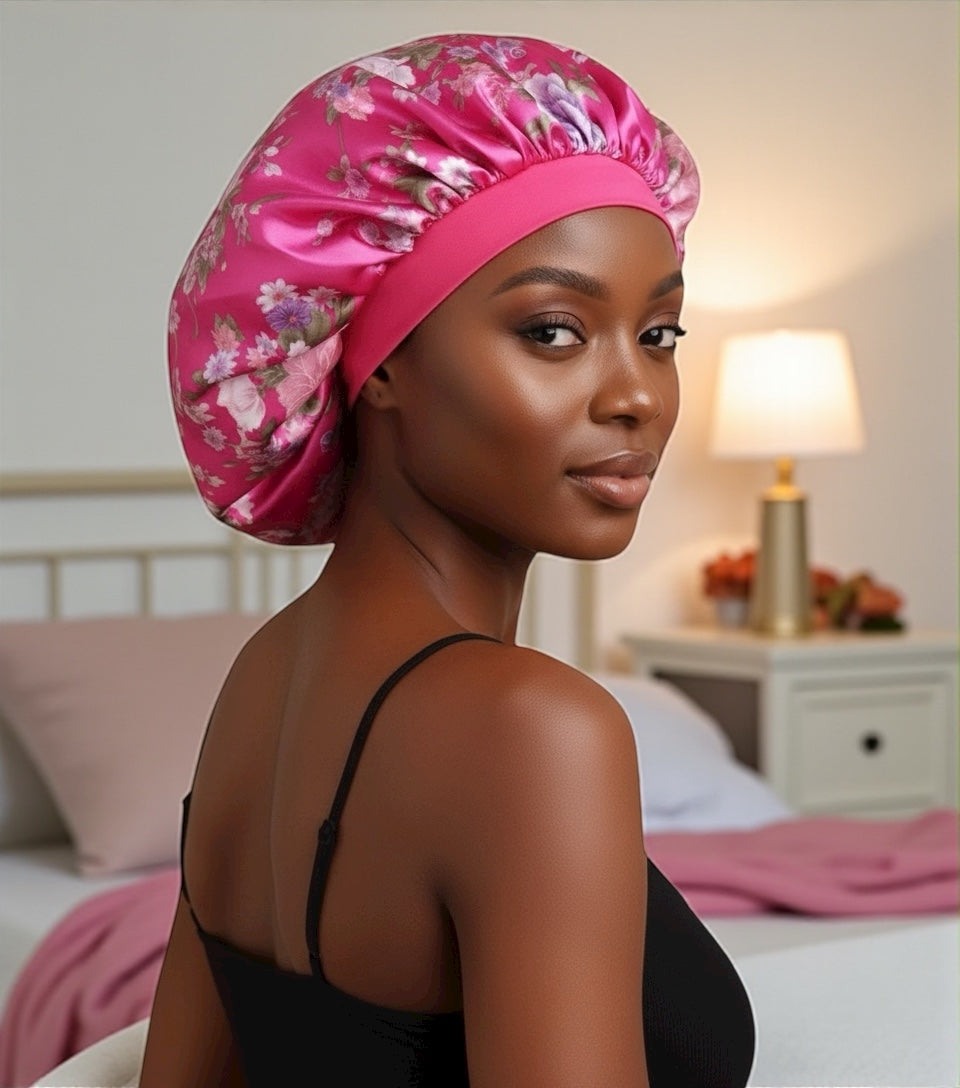 Floral Satin Silk Bonnet – Breathable, Anti-Frizz Hair Cap for Curly & Natural Hair - Fatisha Boutique #