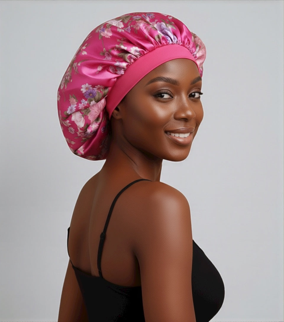 Floral Satin Silk Bonnet – Breathable, Anti-Frizz Hair Cap for Curly & Natural Hair - Fatisha Boutique #