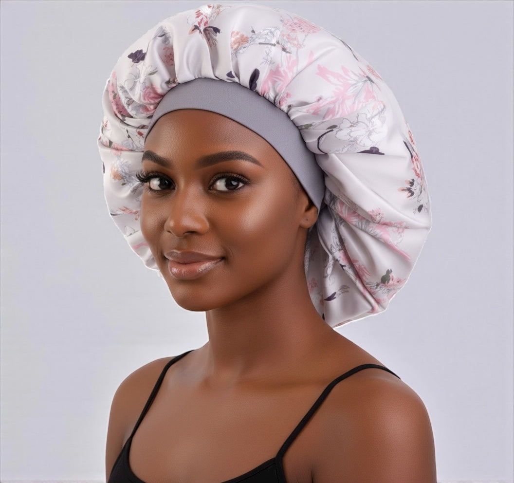 Floral Satin Silk Bonnet – Breathable, Anti-Frizz Hair Cap for Curly & Natural Hair - Fatisha Boutique #
