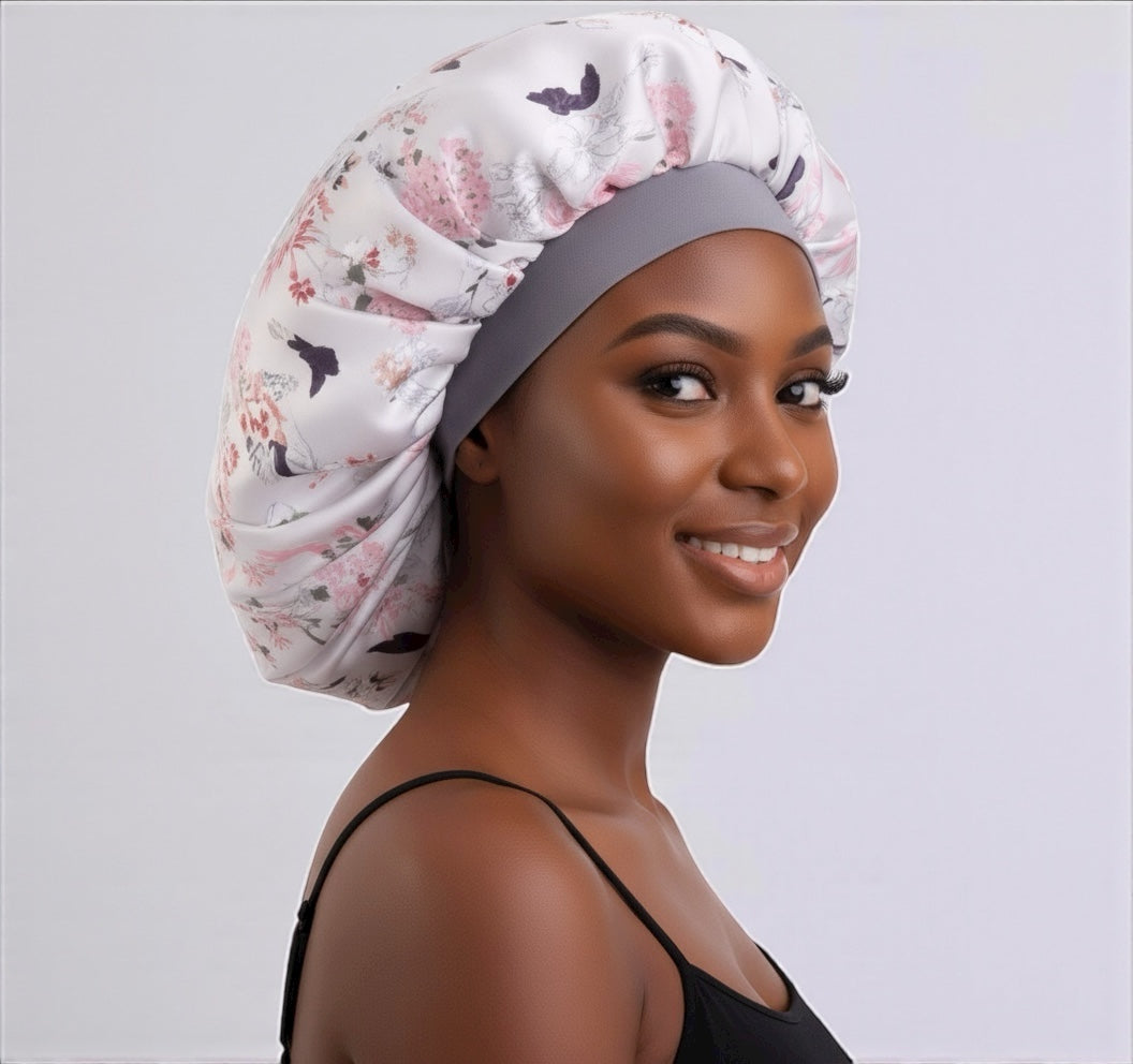 Floral Satin Silk Bonnet – Breathable, Anti-Frizz Hair Cap for Curly & Natural Hair - Fatisha Boutique #