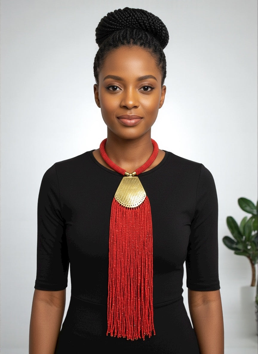 Long African Brass Pendant Necklace with Red Beaded Fringe – Handmade Statement Tribal Jewellery - Fatisha Boutique #