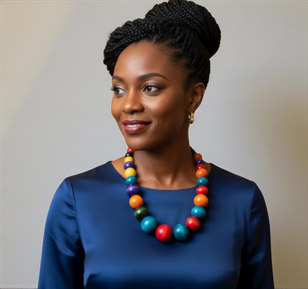 Handmade African Wooden Beaded Necklace – Large Multicoloured Ethnic Statement Jewellery - Fatisha Boutique #