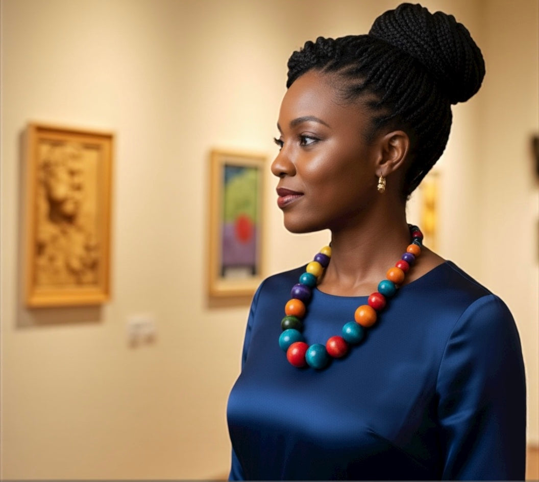 Handmade African Wooden Beaded Necklace – Large Multicoloured Ethnic Statement Jewellery - Fatisha Boutique #