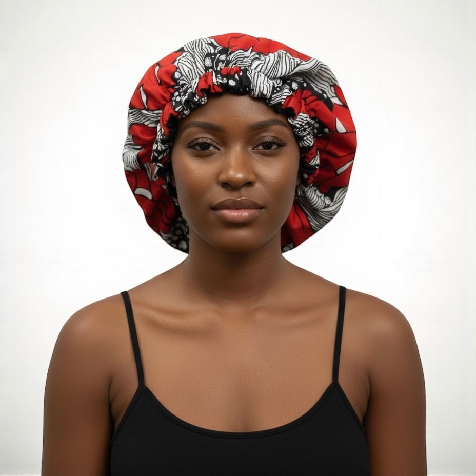 Red & Black Reversible Satin Silk Bonnet – African Print Sleep Cap for Natural Hair & Braids - Fatisha Boutique #
