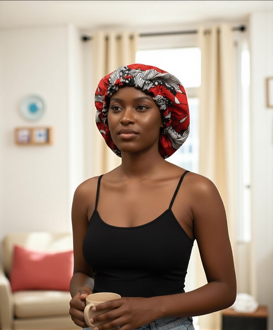 Red & Black Reversible Satin Silk Bonnet – African Print Sleep Cap for Natural Hair & Braids - Fatisha Boutique #