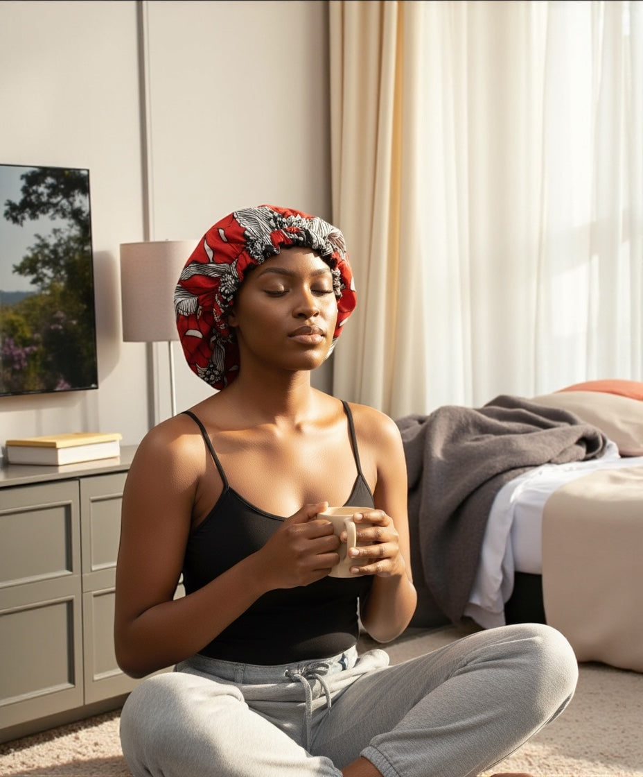 Red & Black Reversible Satin Silk Bonnet – African Print Sleep Cap for Natural Hair & Braids - Fatisha Boutique #