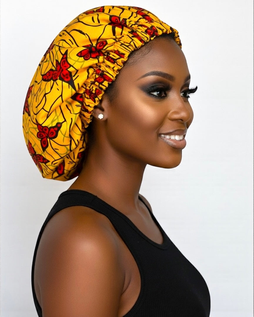 Bold Butterfly Print Satin Silk Bonnet – Yellow & Red Hair Wrap for Braids & Curls UK