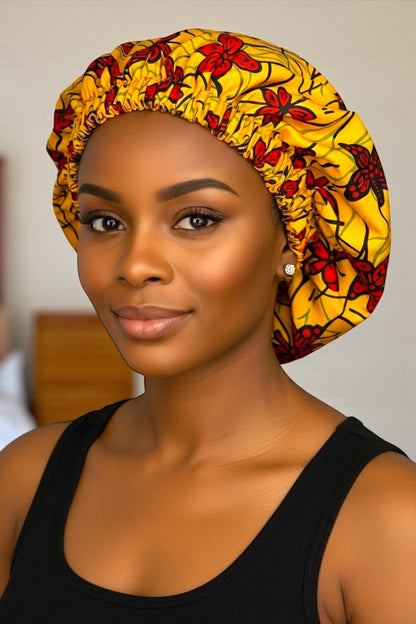 Bold Butterfly Print Satin Silk Bonnet – Yellow & Red Hair Wrap for Braids & Curls UK