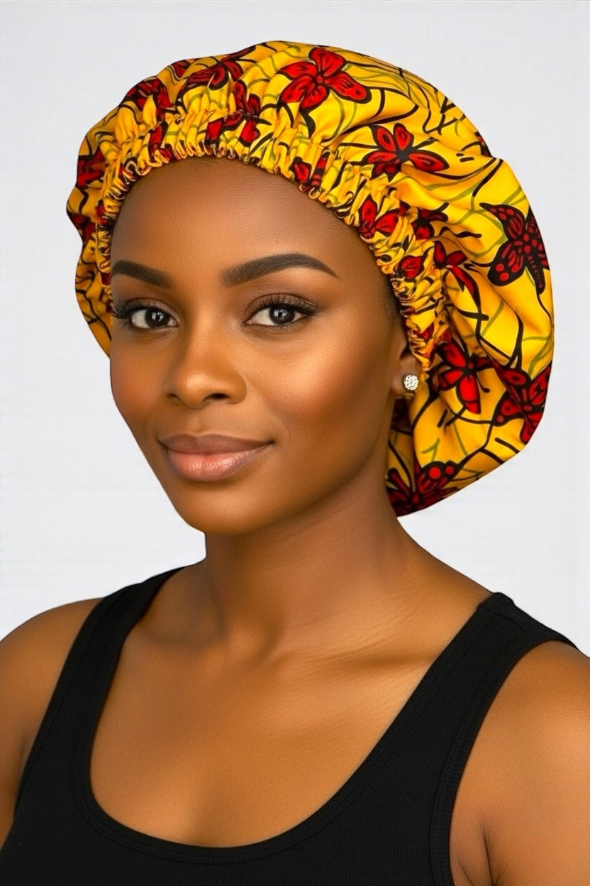 Bold Butterfly Print Satin Silk Bonnet – Yellow & Red Hair Wrap for Braids & Curls UK