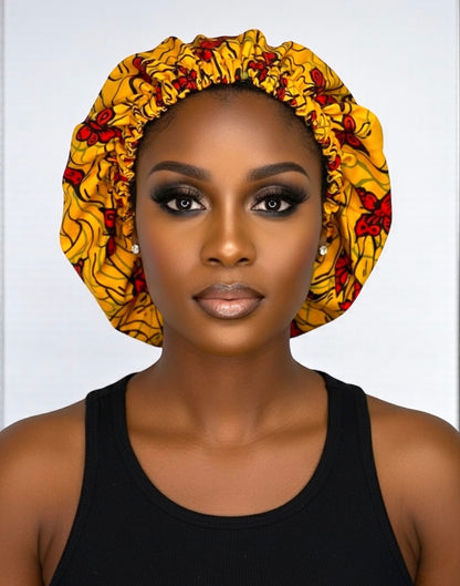 Bold Butterfly Print Satin Silk Bonnet – Yellow & Red Hair Wrap for Braids & Curls UK