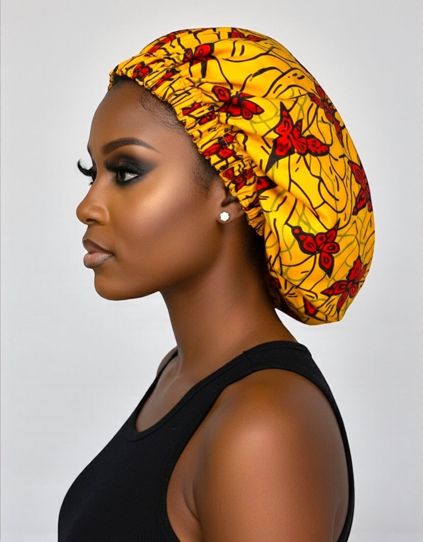 Bold Butterfly Print Satin Silk Bonnet – Yellow & Red Hair Wrap for Braids & Curls UK